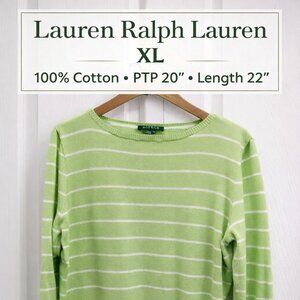Lauren Ralph Lauren XL Green White Striped Cotton Sweater Lightweight Classic